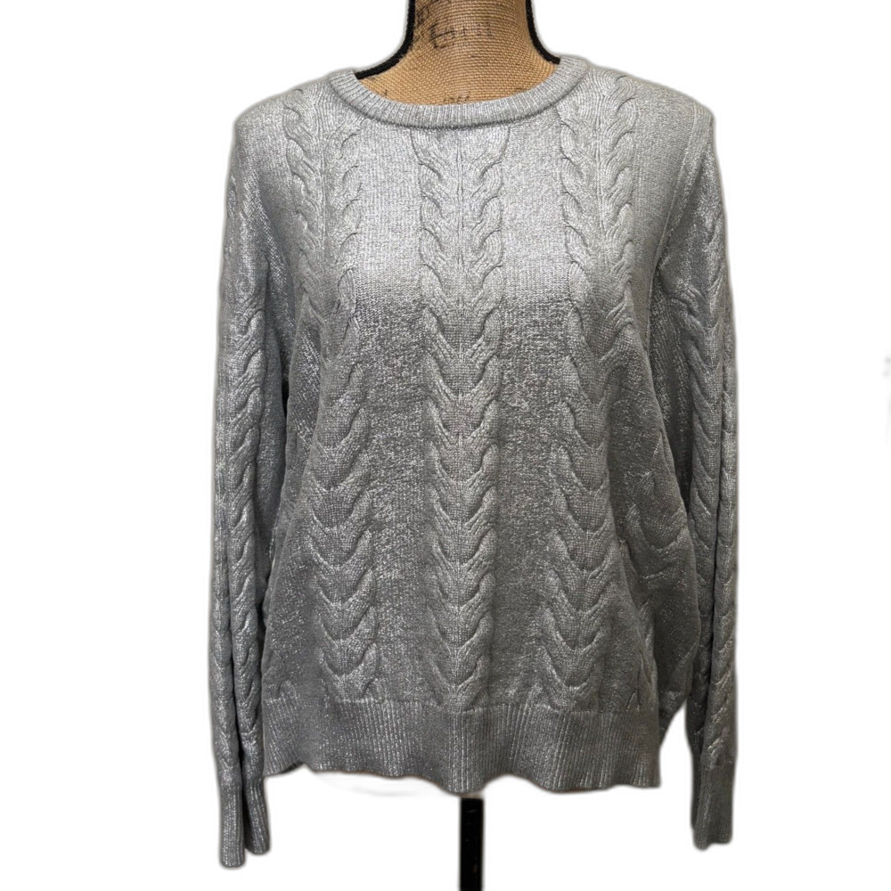 Crown‎ & Ivy Silver Metallic Cable Knit Sweater Holiday Party Petite Large PL